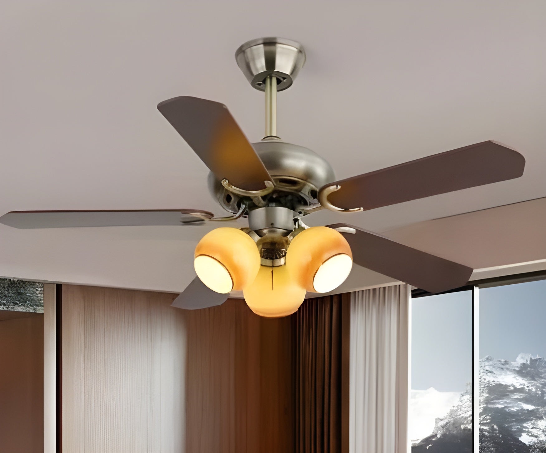 Sunset Gale (48 inches Span, Brown Blades, Frosted Glass Chandelier) Ceiling Fan
